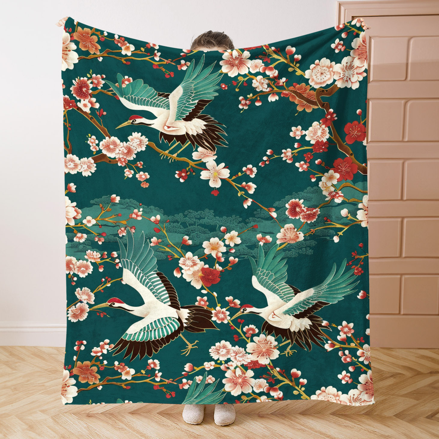Home Office Japandi - Japanese Crane & Floral Print Throw
