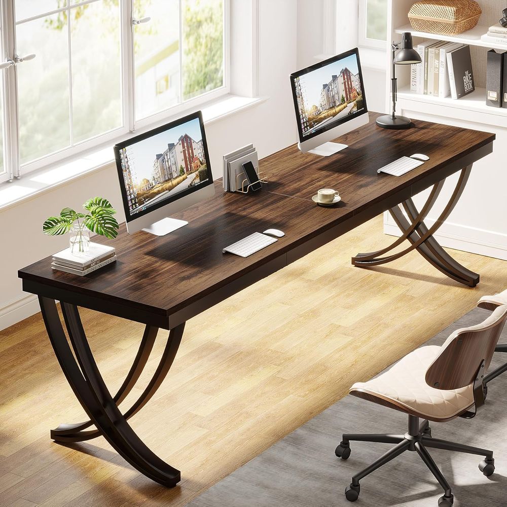 Home Office With Two Desks - 78 Inch Rustic Brown Double Desk