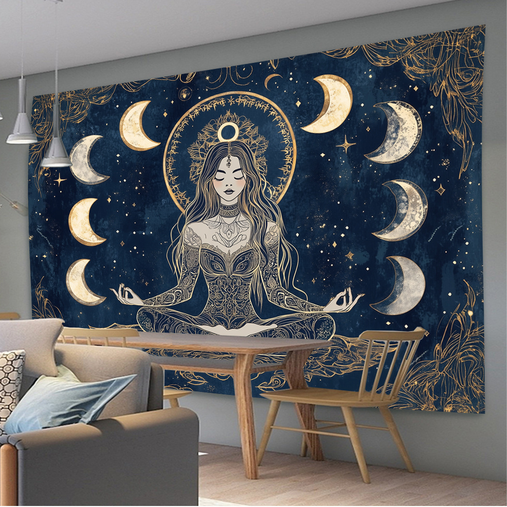 Home Office Yoga Room - Goddess Moon Phase Wall Tapestry Witchy