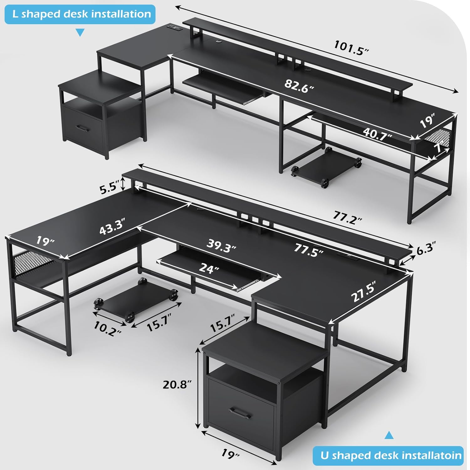 U Shaped Desk,101.5''Reversibl - Home Office With Two Desks のレビューと価格
