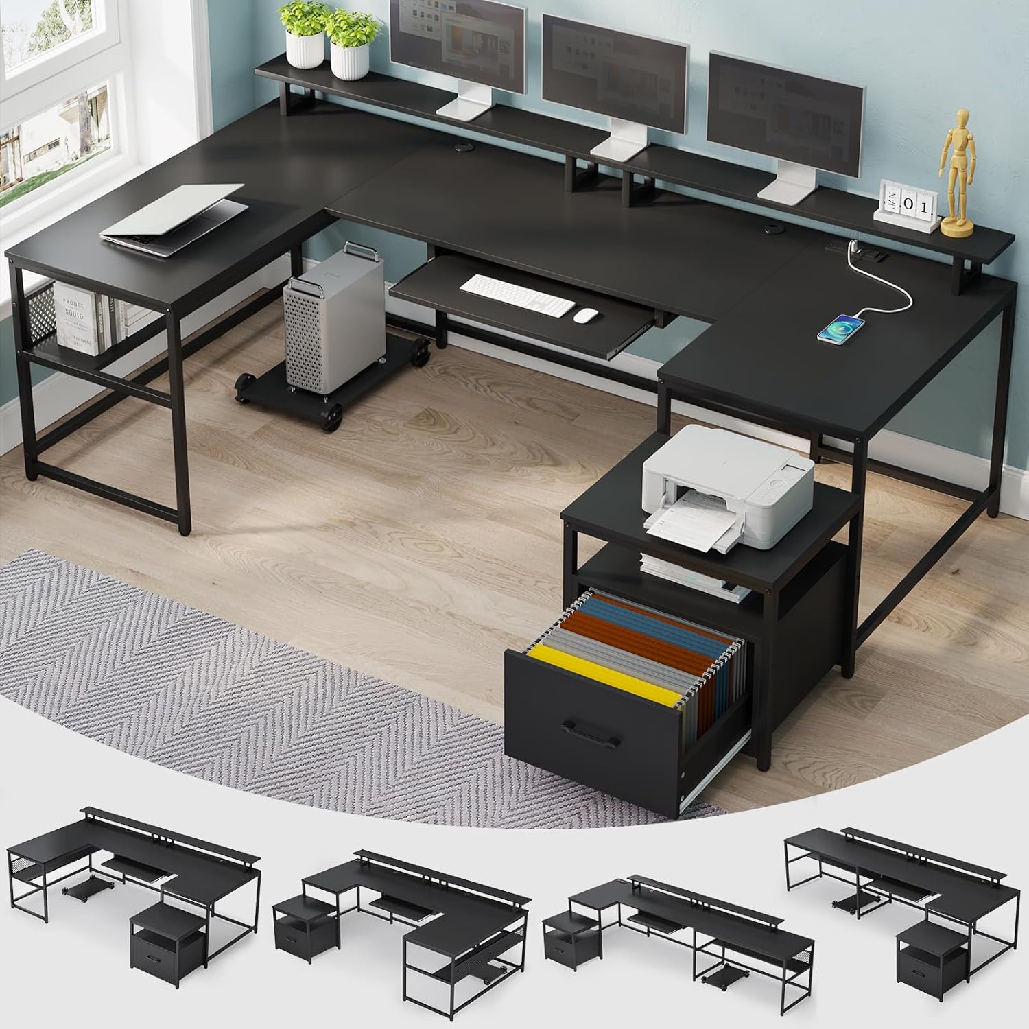 U Shaped Desk,101.5''Reversibl - Home Office With Two Desks のレビューと価格