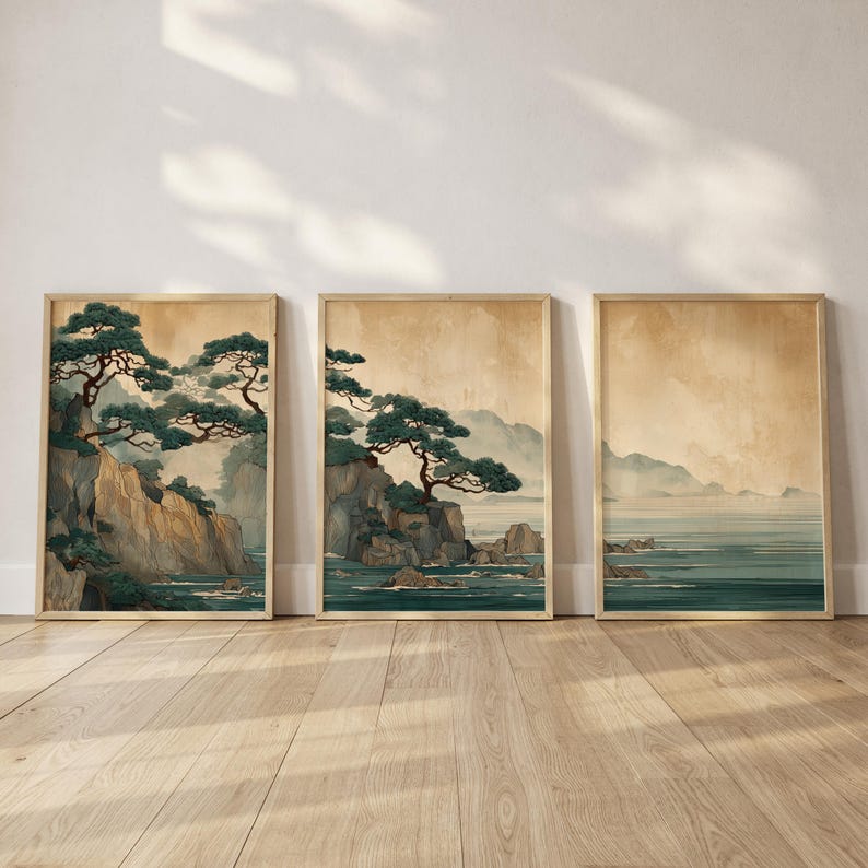 3pcs Retro Japanese Cliff & Oc - Home Office Japandi のレビューと価格