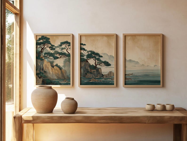 3pcs Retro Japanese Cliff & Oc - Home Office Japandi のレビューと価格