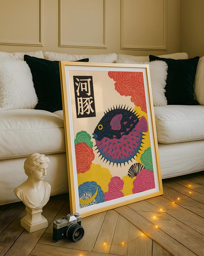 Japanese Puffer Fish Canvas Wa - Home Office Japandi のレビューと価格